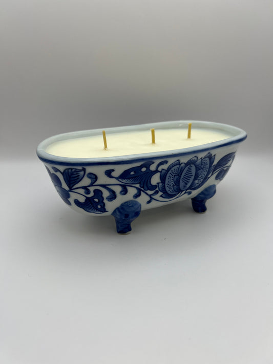 Blue & White Footed Planter Candle